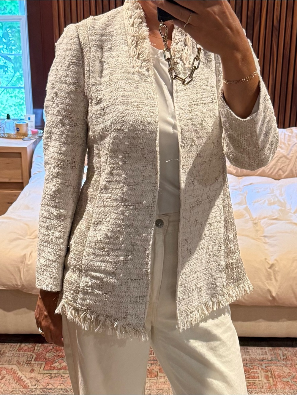 Kobi Halperin Elegant Cream Bouclé Fringe-Trim Blazer with collar braided detail